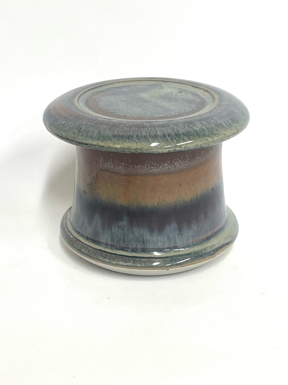 Artisan Studio Pottery French Butter Bell Blue Brown Drip Glaze Signed CLP
